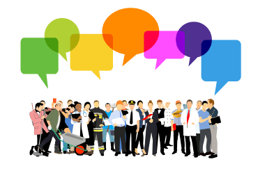 Illustratieve afbeelding van een groep mensen uit diverse beroepen en daarboven lege tekstballonnen