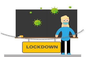 Illustratie met docente voor schoolbord met daarvoor een ketting met daaraan het woord lockdown